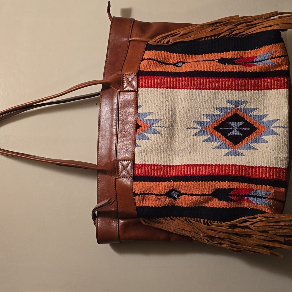 Brown Leather Tote Bag with Fringe and Pattern - Picture 2 of 14